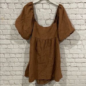 Blue Rain Francesca’s Cassie Bow Back Mini Rusty Brown Puff Sleeve Dress Medium